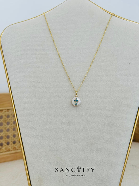 Pearl w/ Blue Cross Necklace