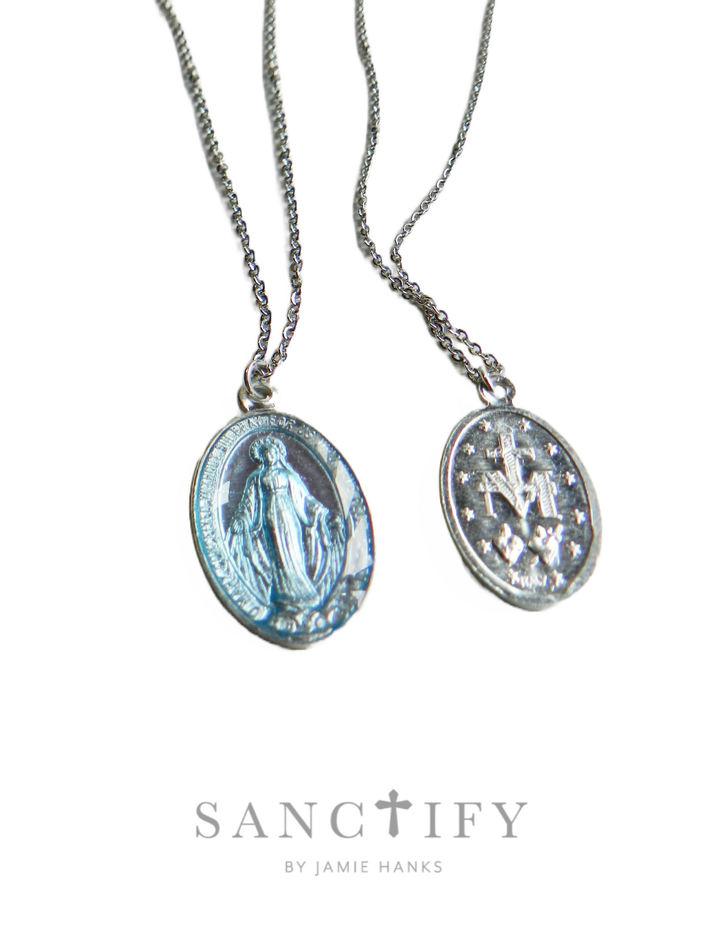 Light Blue Silver Miraculous Mary Necklace