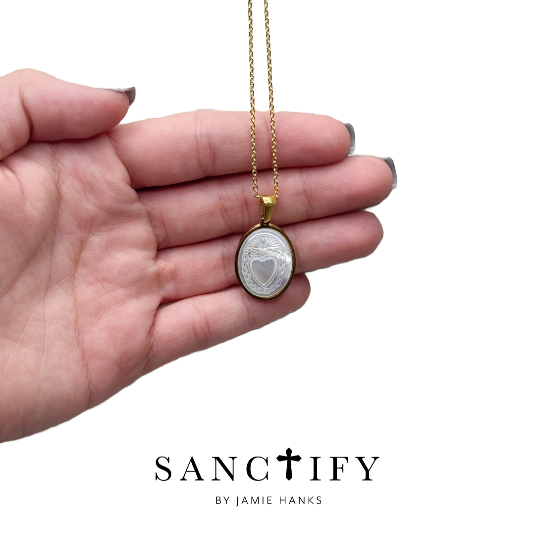 Mother of Pearl Heart of Jesus Necklace