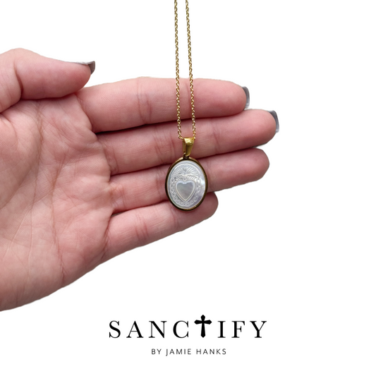 Mother of Pearl Heart of Jesus Necklace