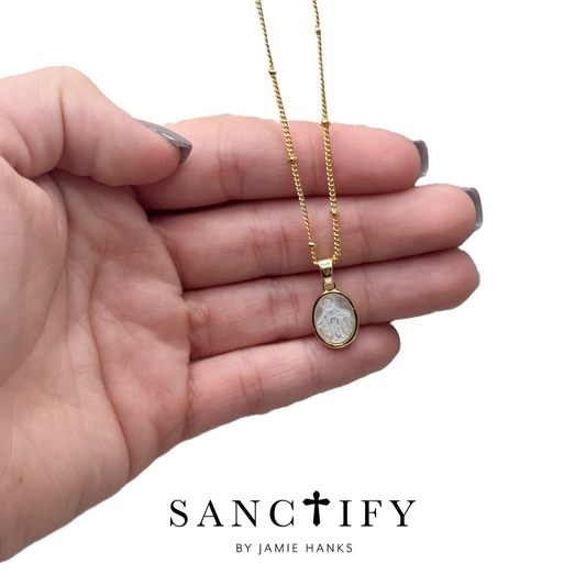 Itty Bitty Mother of Pearl Immaculate Mary Necklace