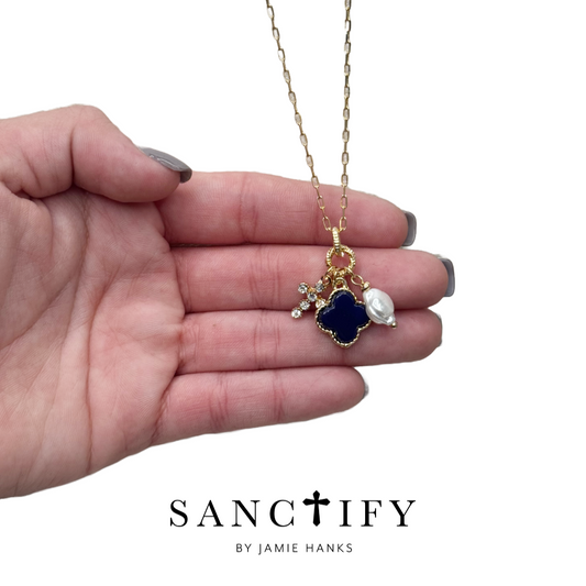 Blue Cross & Pearl Necklace